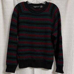 Calvin Klein VTG Womens Black/Red/Green Striped Crewneck Sweater SZ L wool Xmas